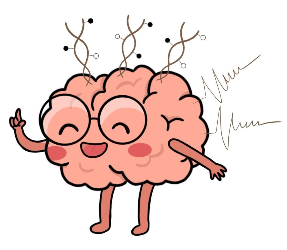 A Logo in Kawaii style showing a smiling brain with glasses and methylated DNA and seizure traces as hair.