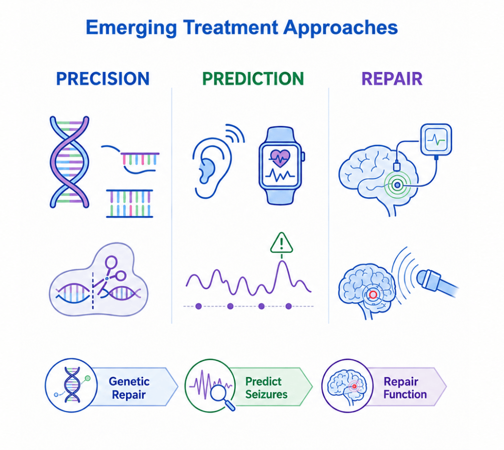 Infographic illustrating emerging treatment approaches in healthcare, divided into three categories: Precision, Prediction, and Repair. Each section features related icons such as DNA strands, health monitoring devices, and brain graphics.